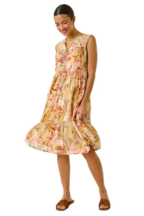Roman Peach Leaf Print Lace Detail Smock Dress - Size 16 Image 2
