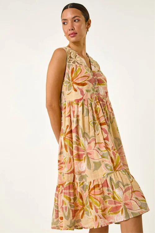 Roman Peach Leaf Print Lace Detail Smock Dress - Size 16 Image 3
