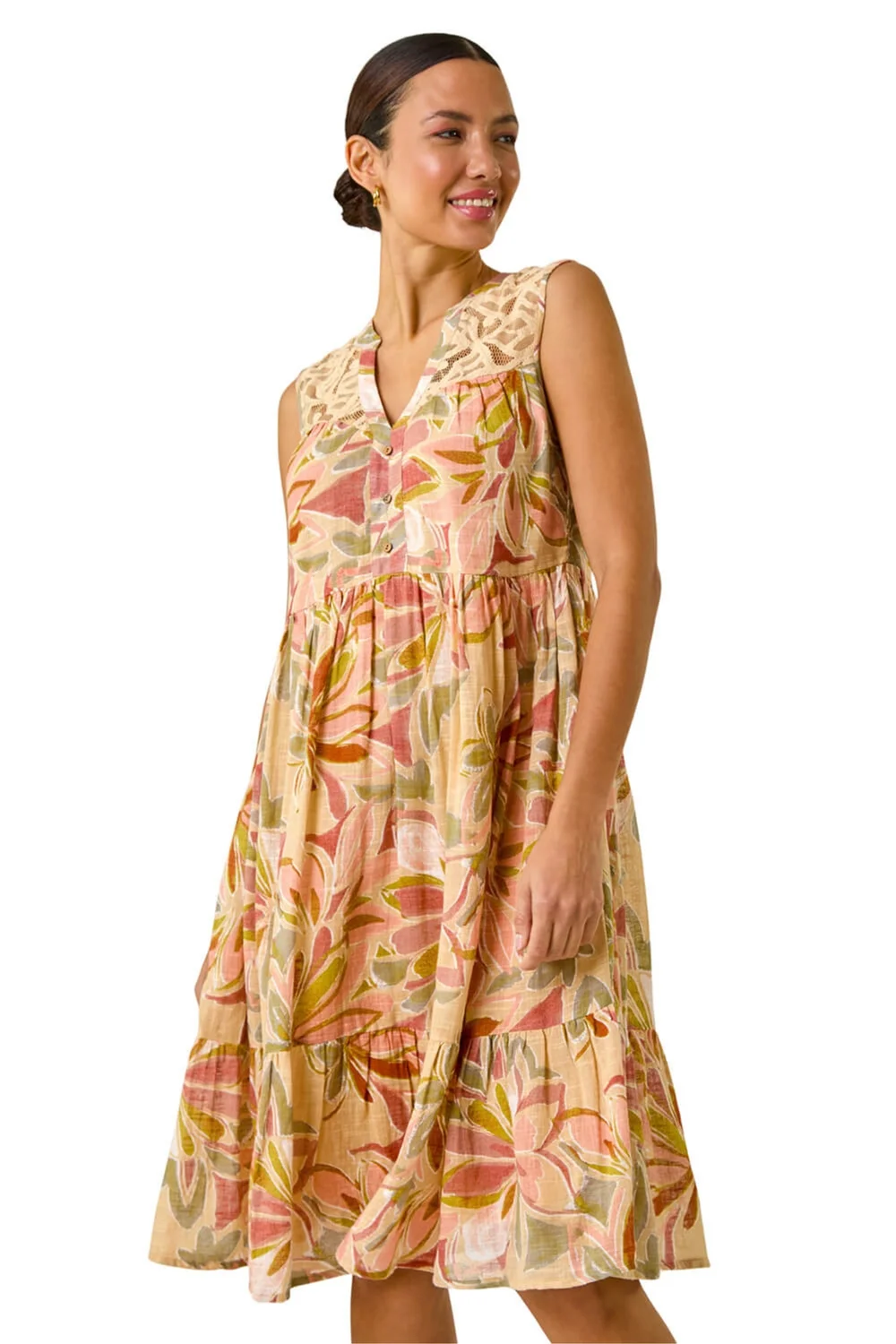 Roman Peach Leaf Print Lace Detail Smock Dress - Size 16 Image 1