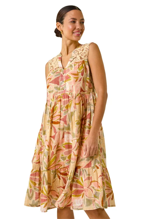 Roman Peach Leaf Print Lace Detail Smock Dress - Size 16 Image 1