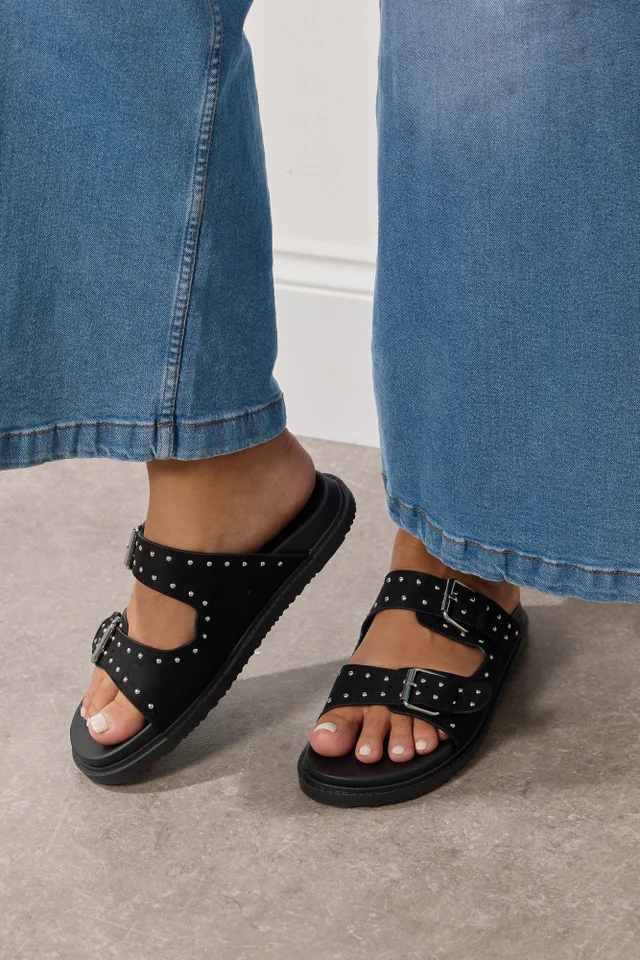 Yours Black Studded Buckle Strap Sandals In Extra Wide EEE Fit