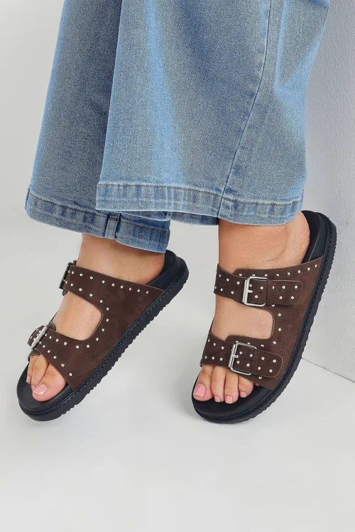 Yours Brown Studded Buckle Strap Sandals In Extra Wide EEE Fit - 8 Extra Wide Image 1