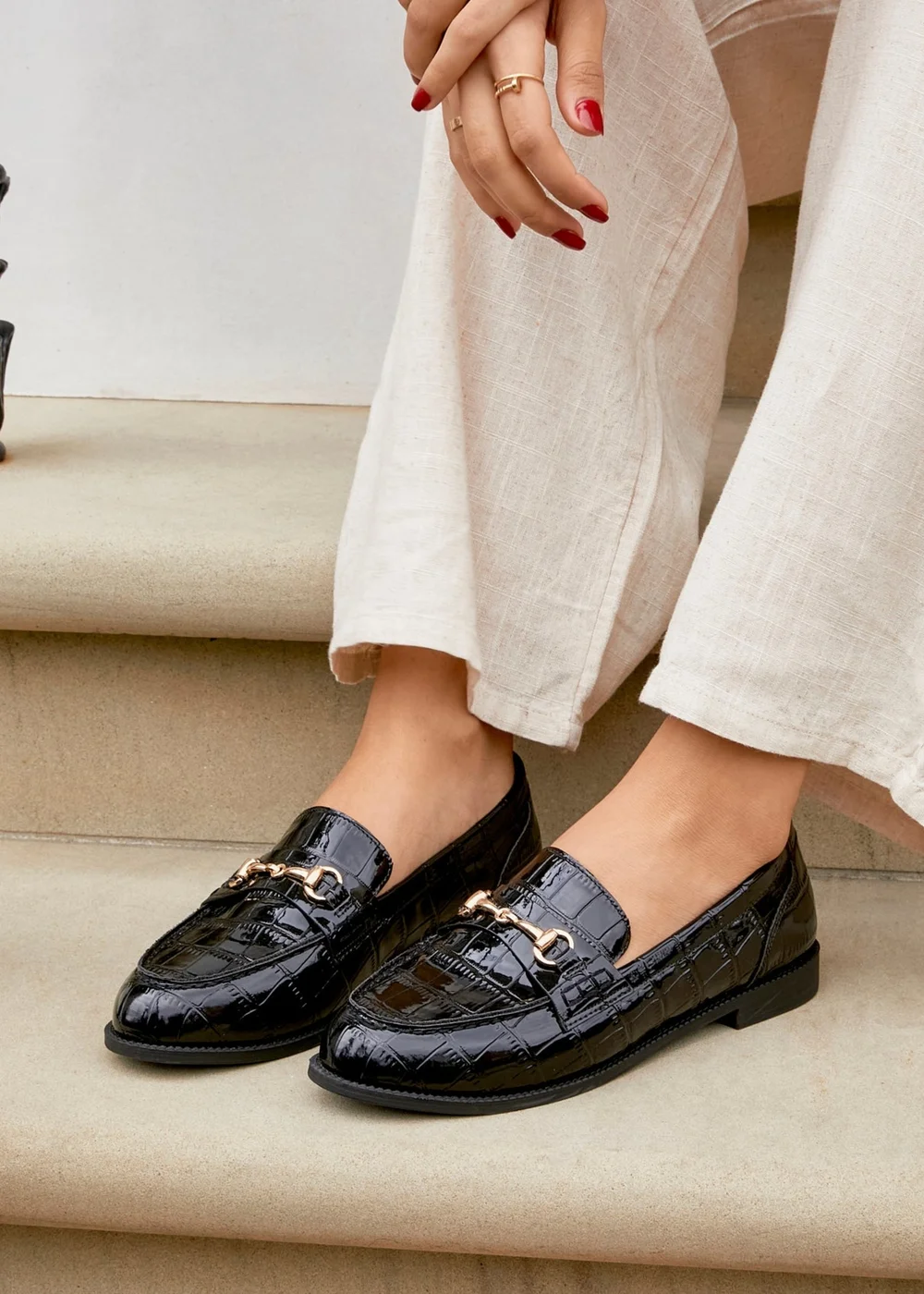 Linzi Maison Black Faux Croc Patent Leather Loafer - Size 7 Image 1