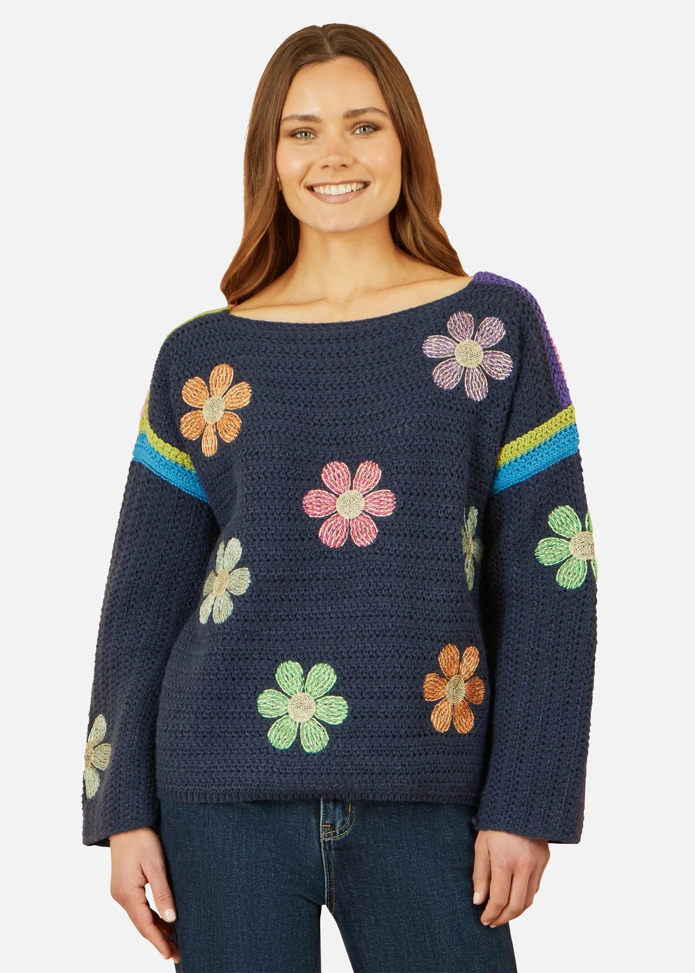 Yumi Navy Crochet Flower Jumper - Medium Image 2