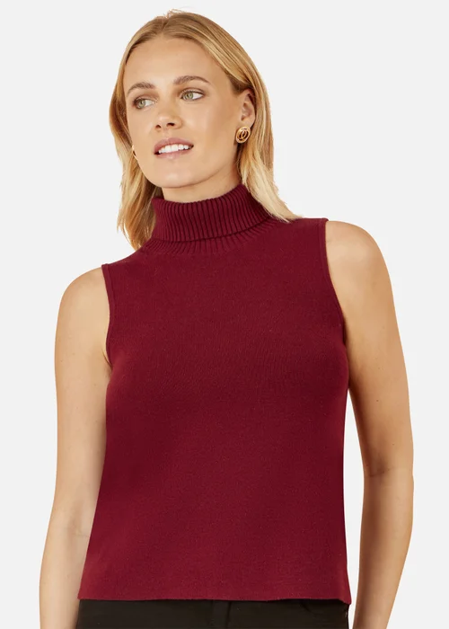 Yumi Burgundy Knitted Roll Neck Sleeveless Jumper - Small Image 2