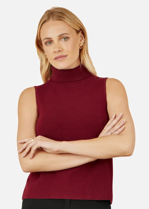 Yumi Burgundy Knitted Roll Neck Sleeveless Jumper - Small Image 3