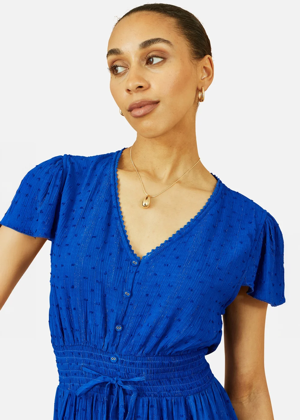 Yumi Blue Button Detail Midi Dress With Ruched Waist And Metallic Thread - 10 Image 2