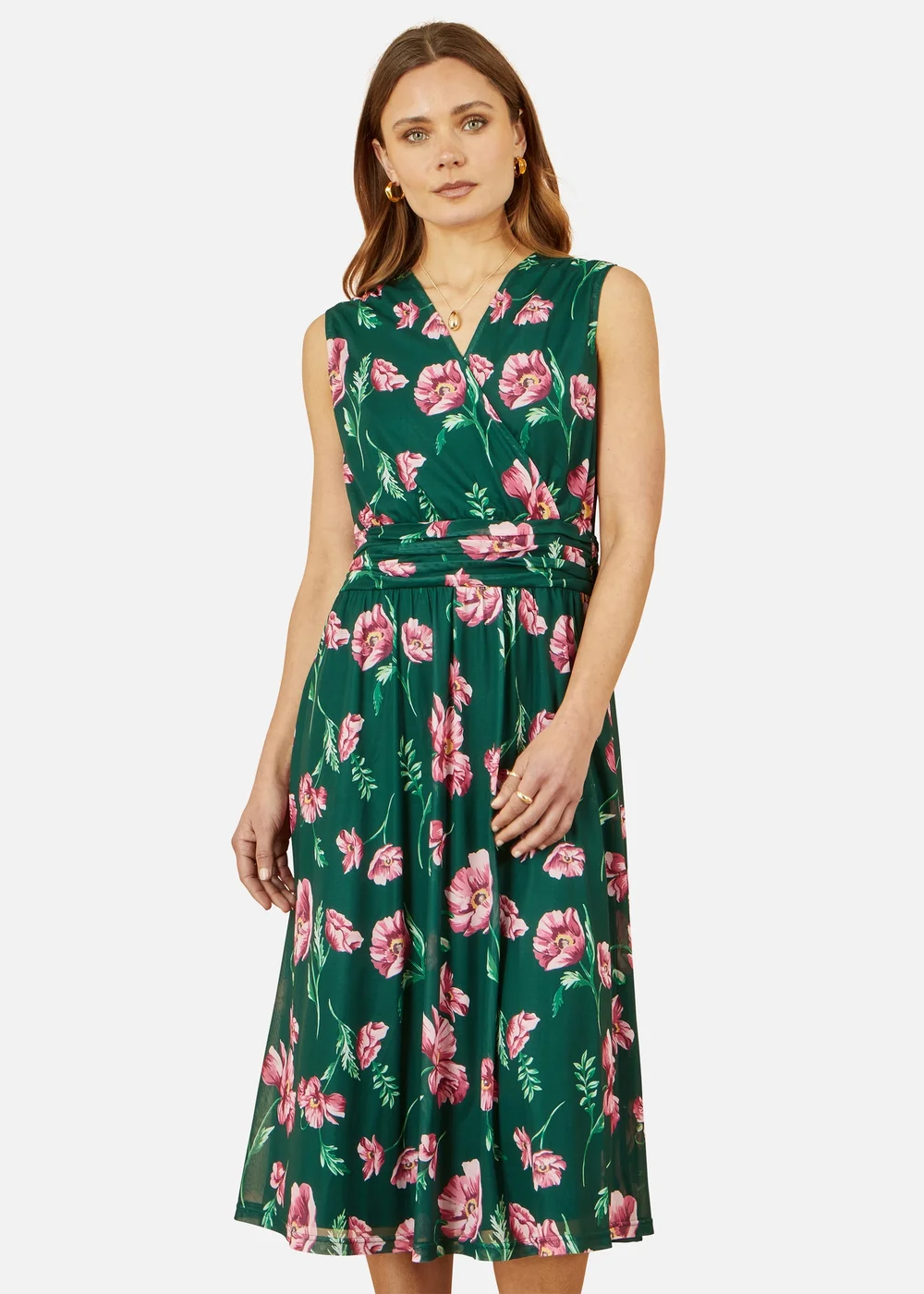 Yumi Green Floral Print Mesh Stretch Midi Dress With Pockets - 24 Image 2