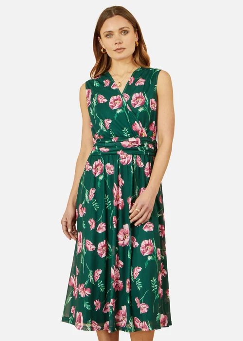 Yumi Green Floral Print Mesh Stretch Midi Dress With Pockets - 24 Image 2