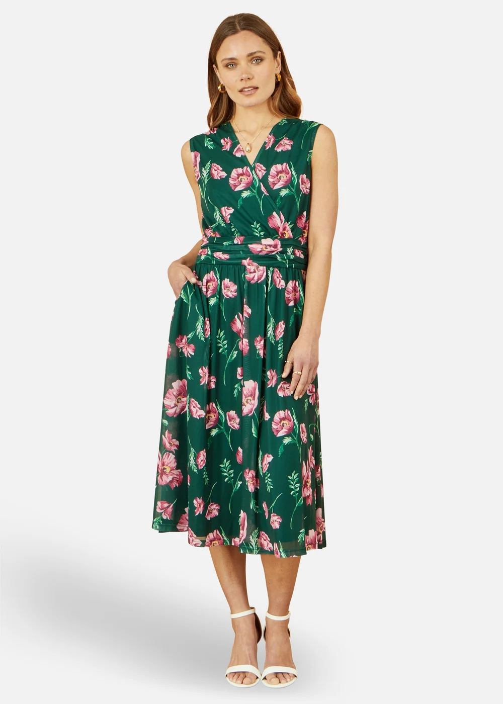 Yumi Green Floral Print Mesh Stretch Midi Dress With Pockets - 24 Image 1