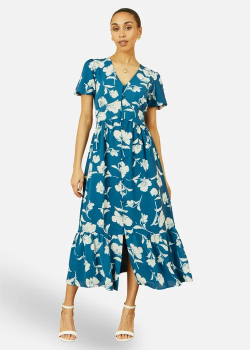 Yumi Teal Floral Button Down Floral Midi Dress - 8 Image 1