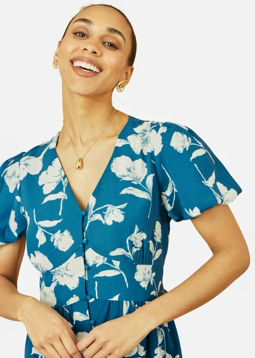 Yumi Teal Floral Button Down Floral Midi Dress - 8 Image 2