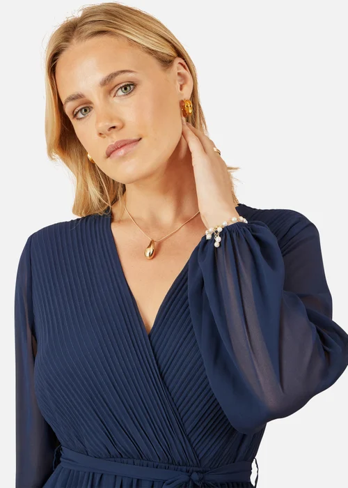 Yumi Navy Pleated Wrap Midi Dress With Sheer Long Sleeves - 8 Image 3