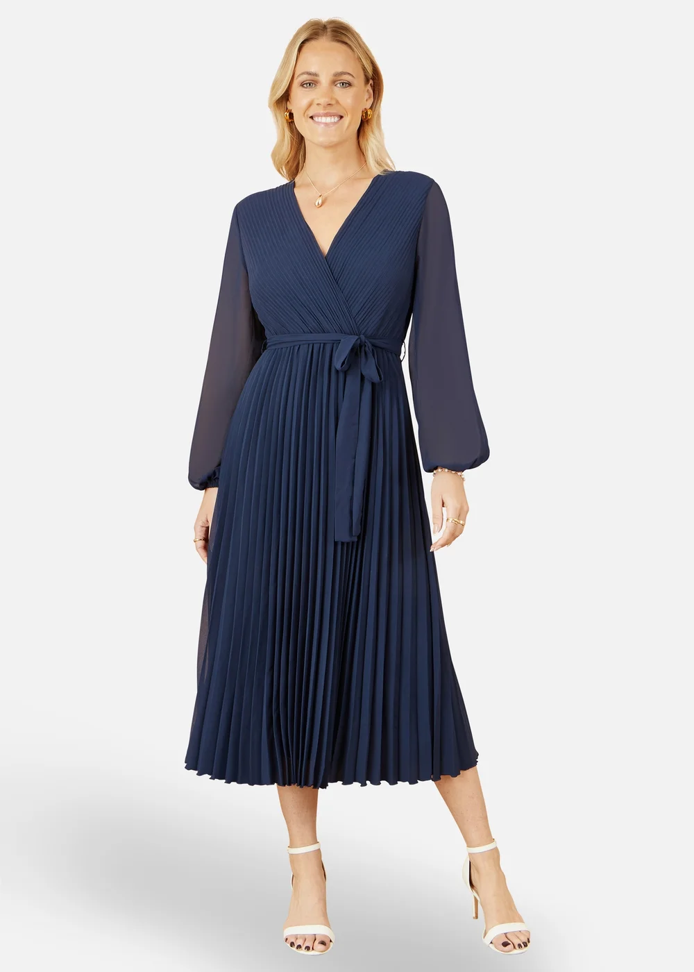 Yumi Navy Pleated Wrap Midi Dress With Sheer Long Sleeves - 8 Image 1
