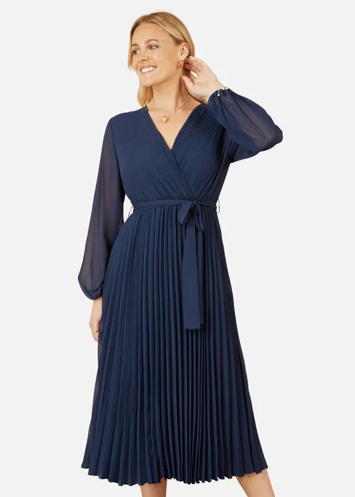 Yumi Navy Pleated Wrap Midi Dress With Sheer Long Sleeves - 8 Image 2