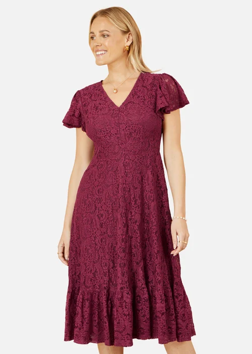 Yumi Burgundy Stretch Lace Puff Sleeve Midi Dress - 14 Image 1