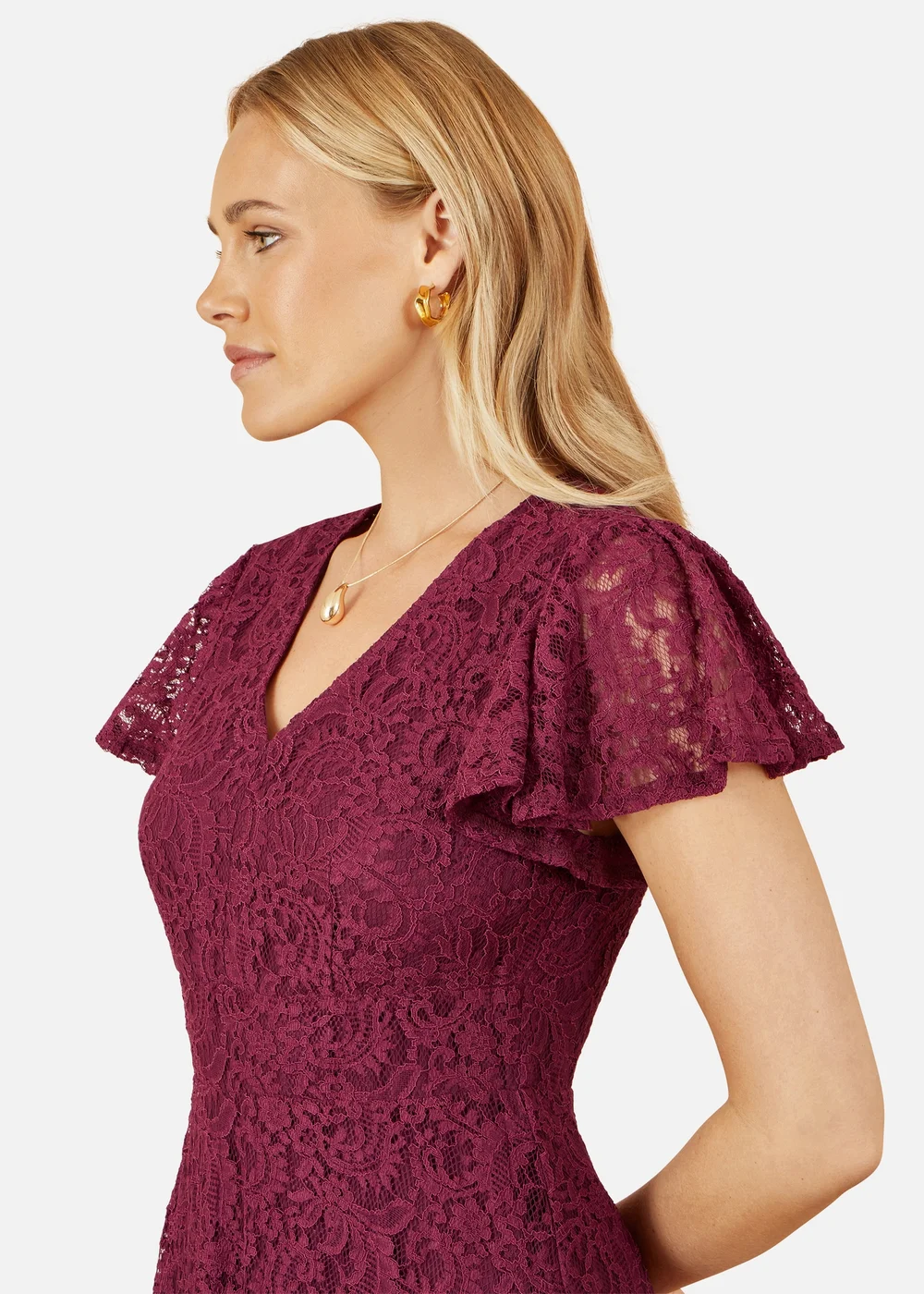 Yumi Burgundy Stretch Lace Puff Sleeve Midi Dress - 14 Image 2