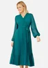 Yumi Teal Pleated Wrap Midi Dress With Sheer Long Sleeves - 8 Image 2