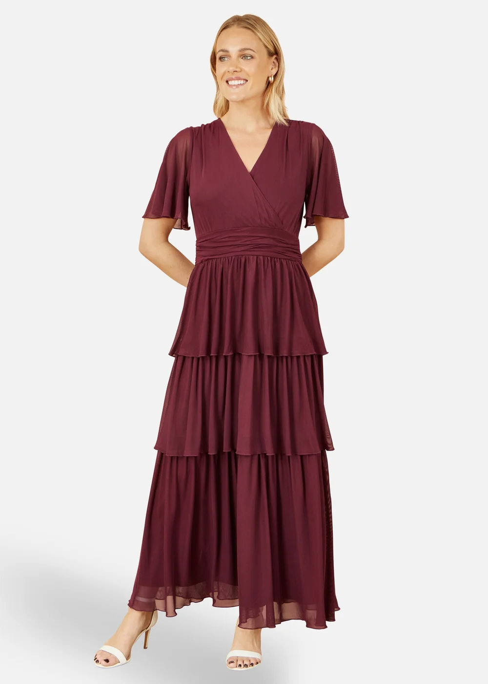Yumi Burgundy Mesh Tiered Maxi Dress - 16 Image 1