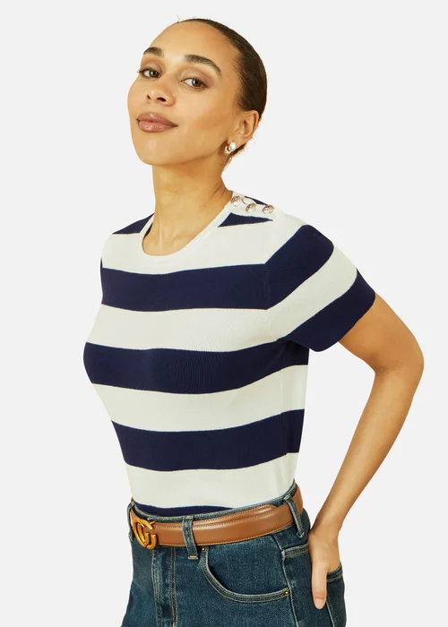 Yumi Navy Block Stripe Knitted Top With Button Details - Small Image 3