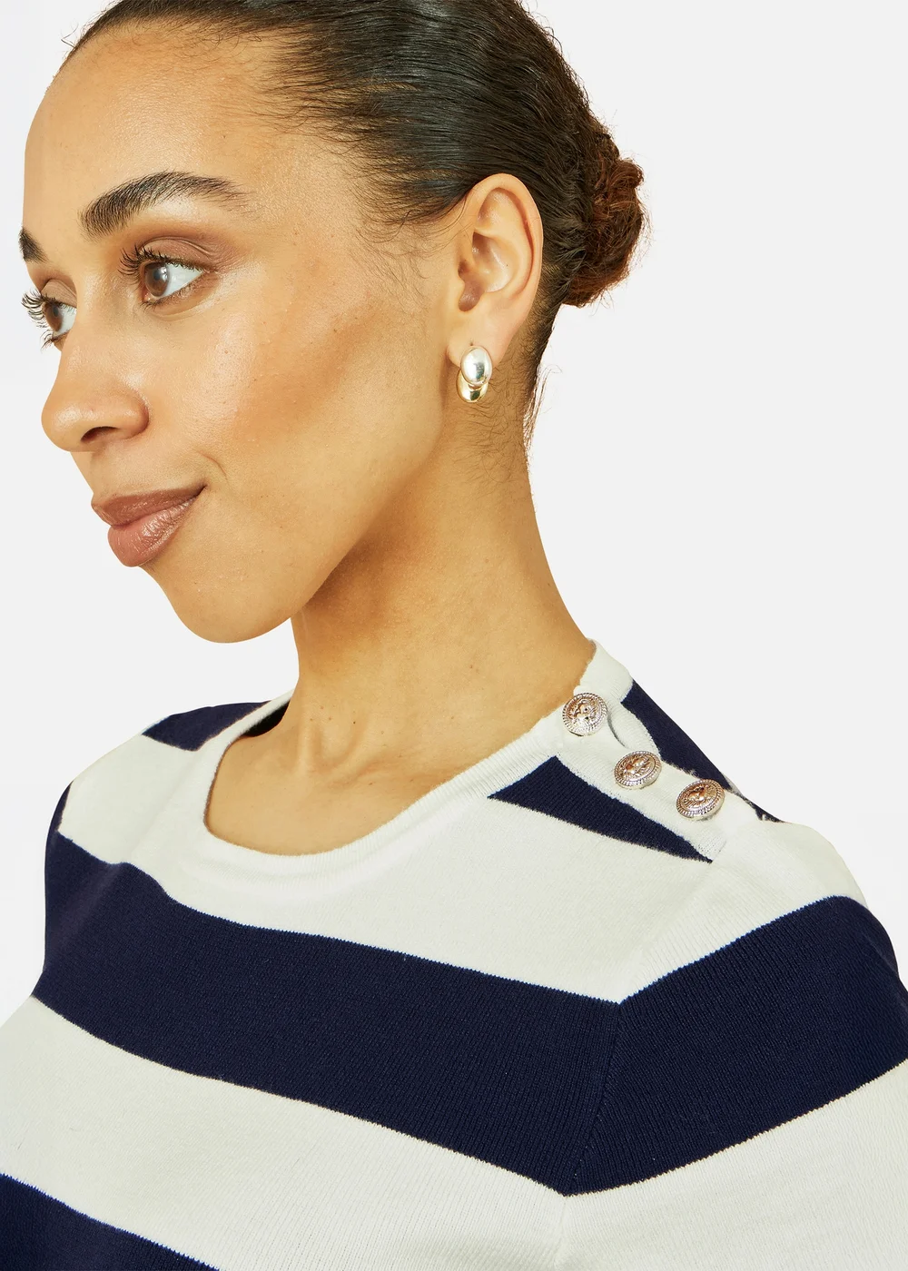 Yumi Navy Block Stripe Knitted Top With Button Details - Small Image 2