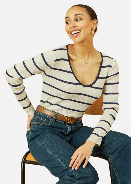 Yumi White Metallic Stripe Knitted Ribbed Top - Medium Image 3