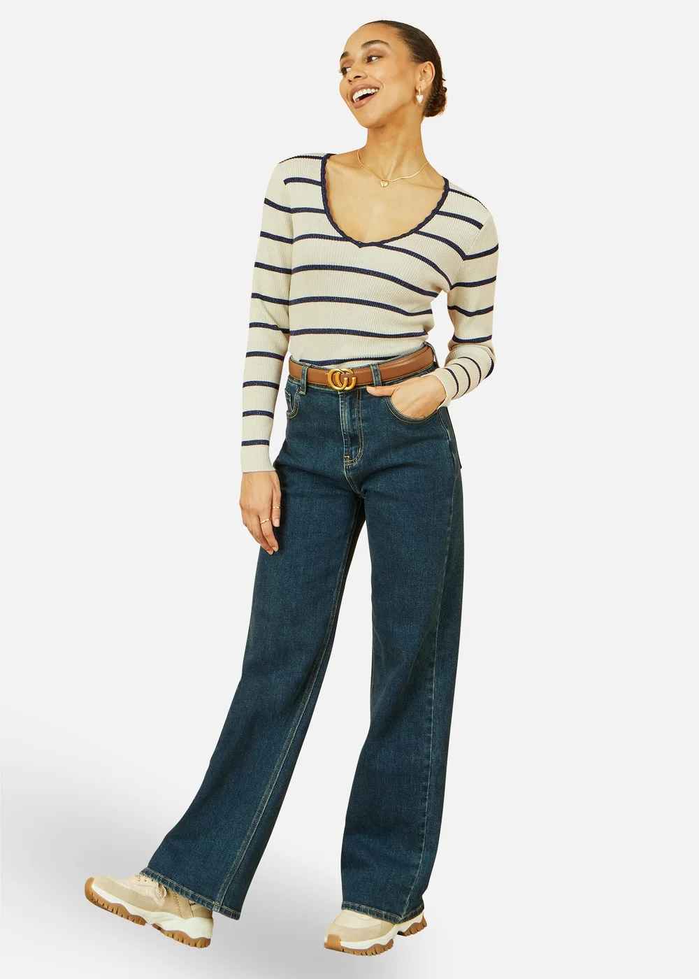 Yumi White Metallic Stripe Knitted Ribbed Top - Medium Image 1