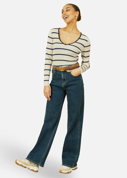 Yumi White Metallic Stripe Knitted Ribbed Top - Medium Image 1