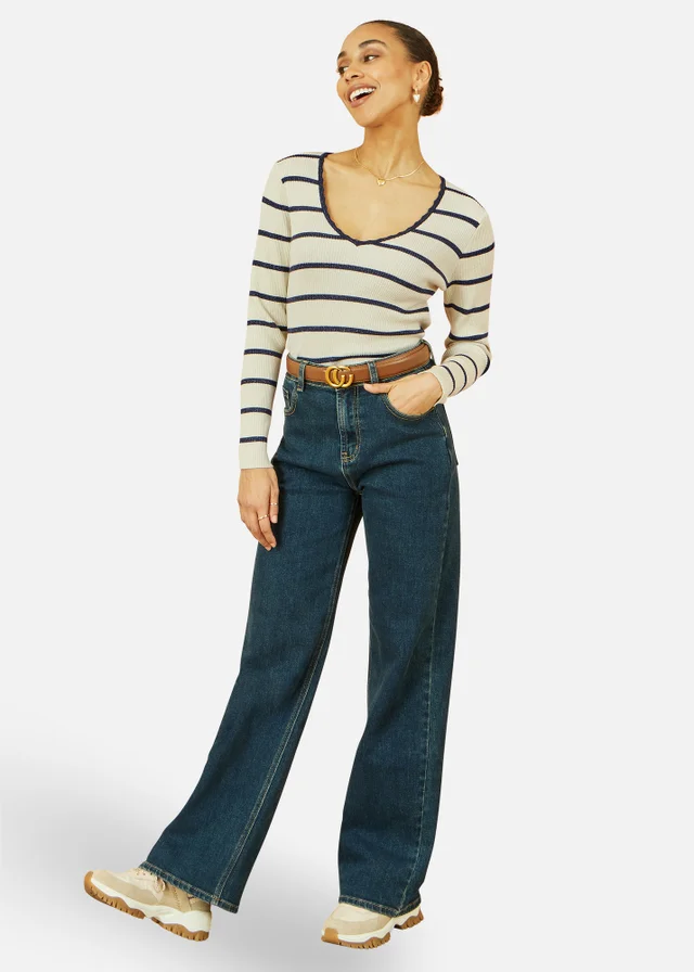 Yumi White Metallic Stripe Knitted Ribbed Top