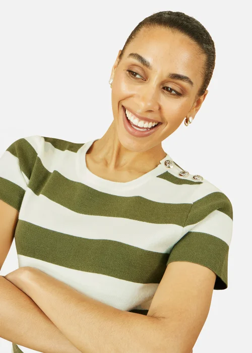 Yumi Green Block Stripe Knitted Top With Button Details - Large Image 2