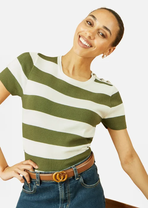 Yumi Green Block Stripe Knitted Top With Button Details - Large Image 3