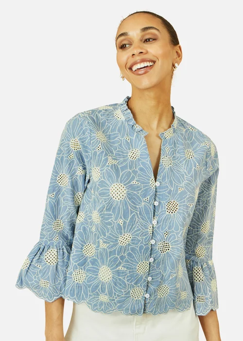 Yumi Blue Daisy Broderie Shirt With Fluted Sleeves - Size 14 Image 3