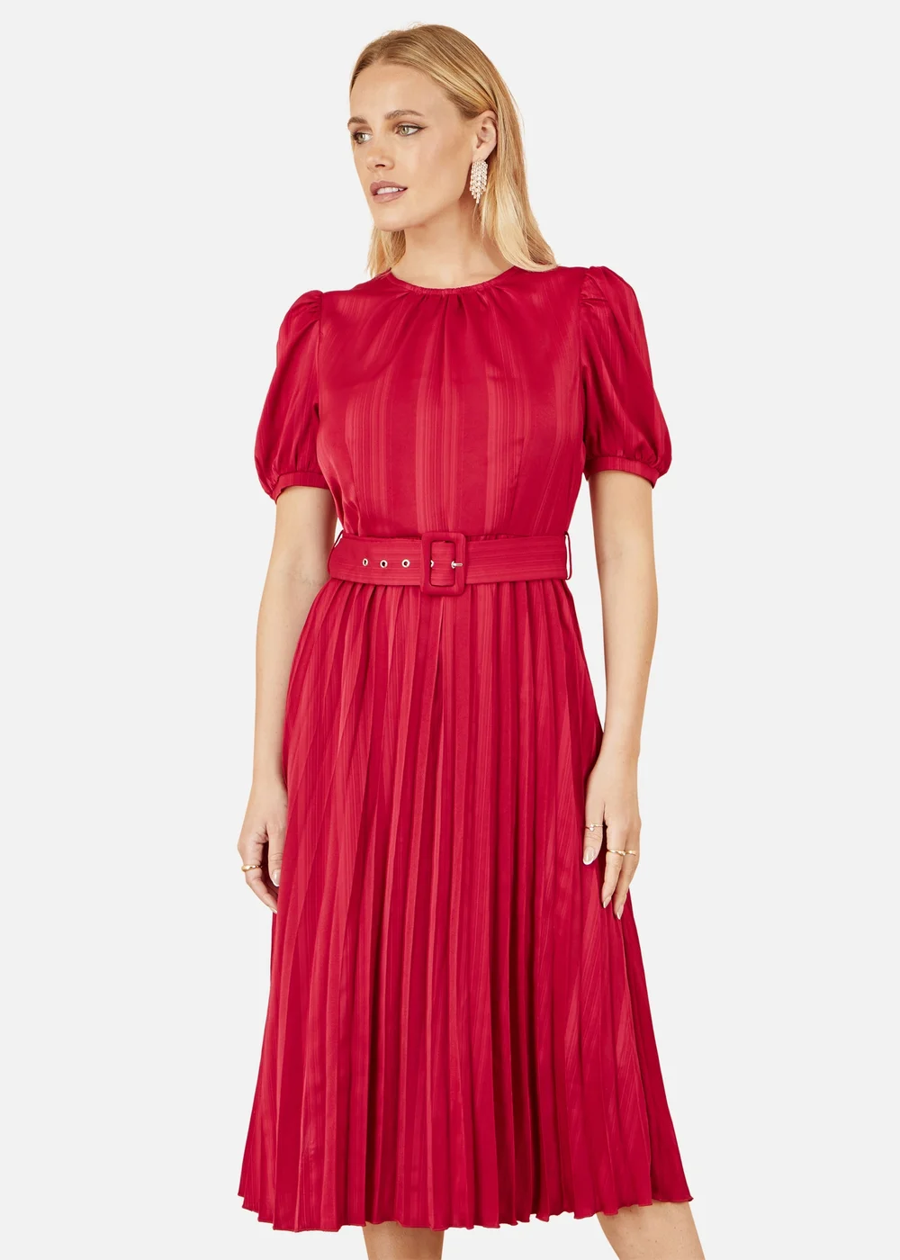 Yumi Red Satin Striped Midi Dress With Pleats & Matching Belt - 16 Image 2