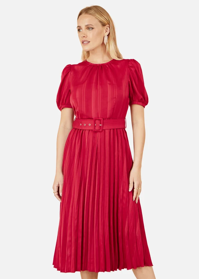 Yumi Red Satin Striped Midi Dress With Pleats & Matching Belt