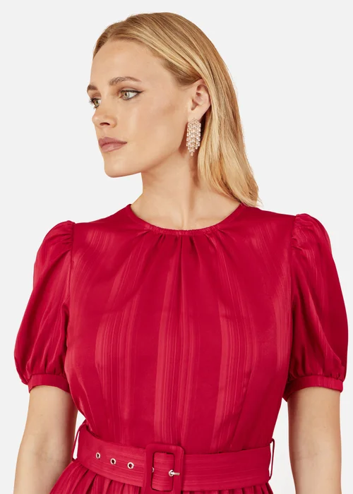 Yumi Red Satin Striped Midi Dress With Pleats & Matching Belt - 16 Image 3