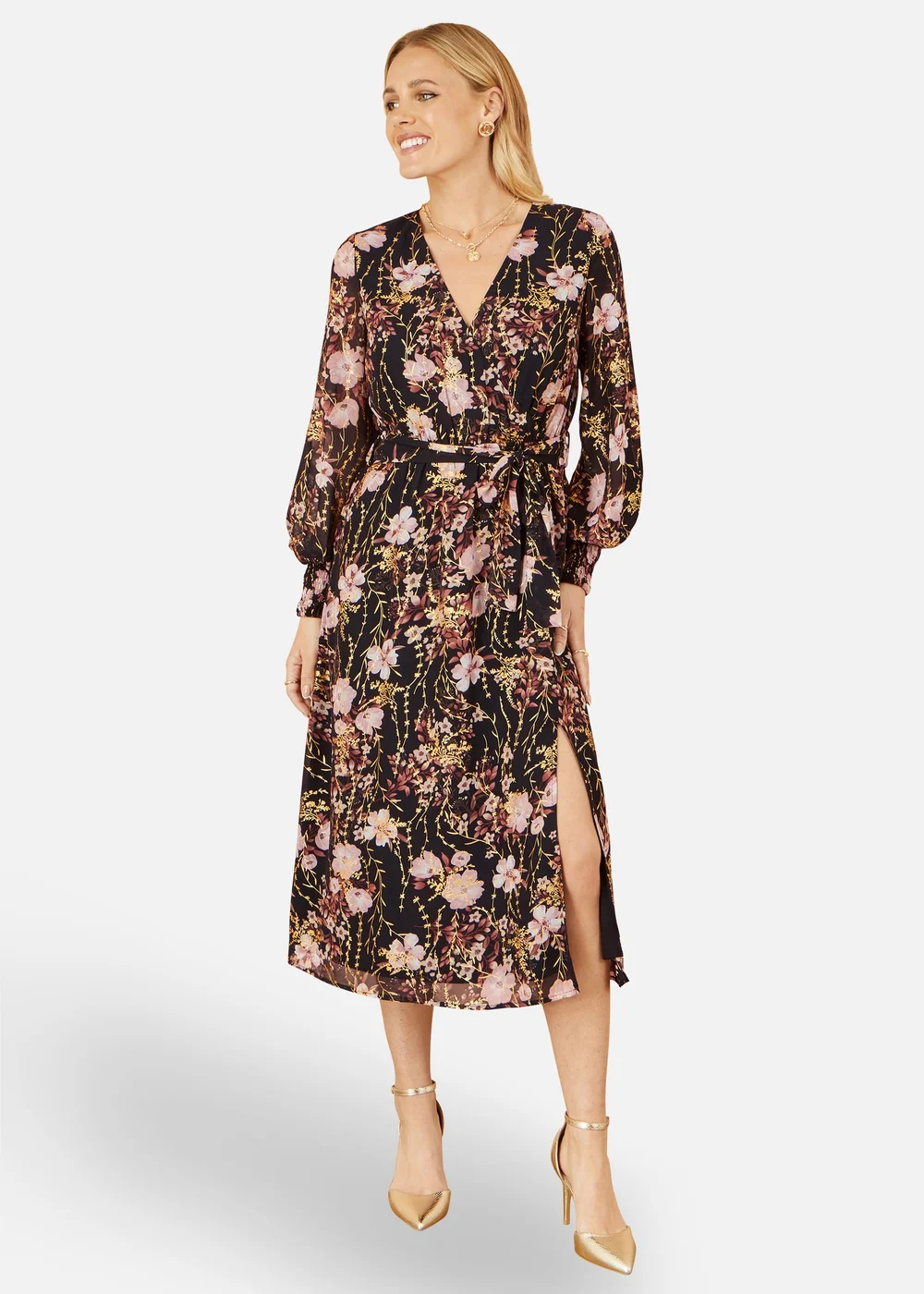 Yumi Black Foiled Floral Print Wrap Midi Dress - 16 Image 1