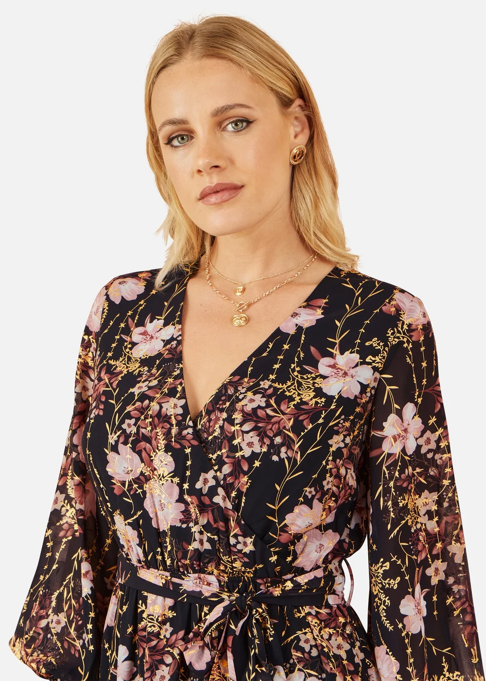 Yumi Black Foiled Floral Print Wrap Midi Dress - 16 Image 3