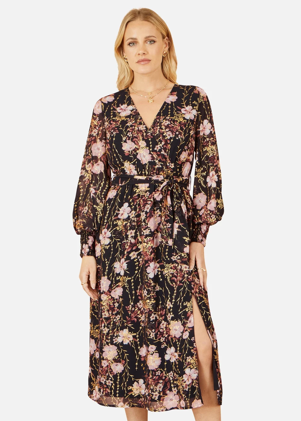 Yumi Black Foiled Floral Print Wrap Midi Dress - 16 Image 2