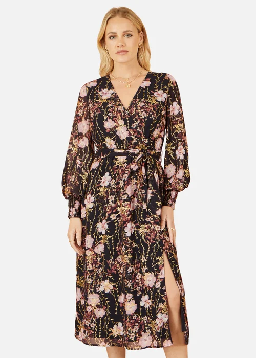 Yumi Black Foiled Floral Print Wrap Midi Dress - 16 Image 2