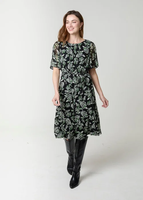 Blue Vanilla Black Floral Crew Neck Mesh Midi Dress - XL Image 1