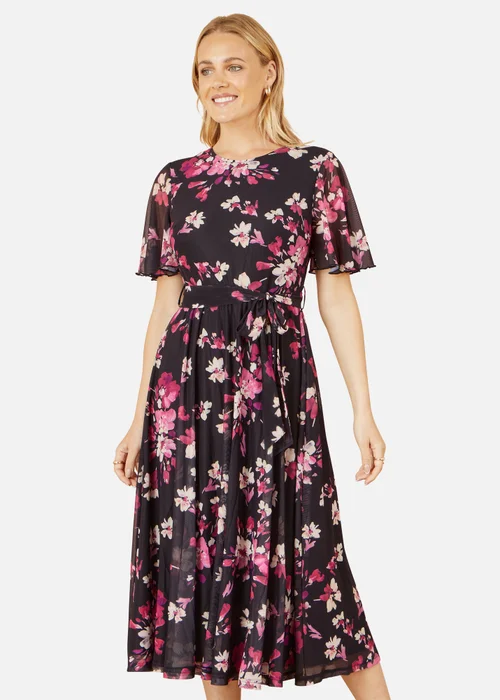 Yumi Black Mesh Skater Floral Midi Dress - 12 Image 2