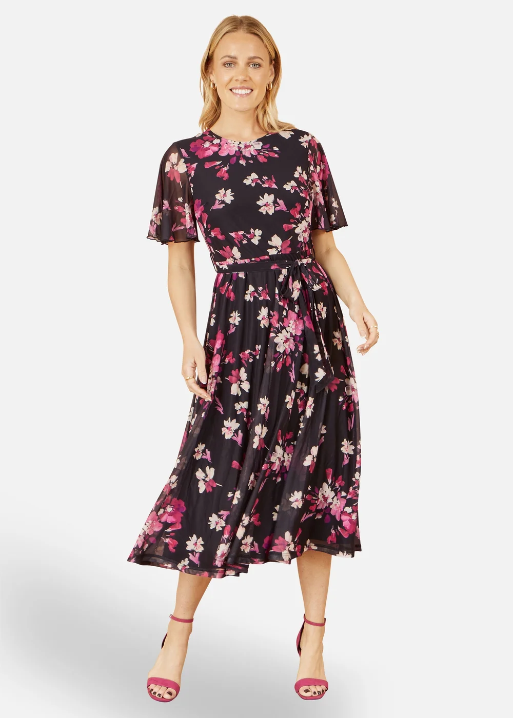 Yumi Black Mesh Skater Floral Midi Dress - 12 Image 1