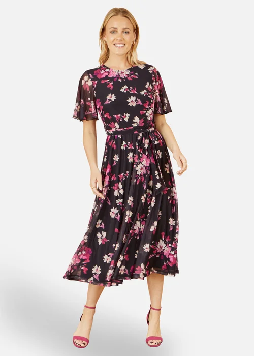 Yumi Black Mesh Skater Floral Midi Dress - 12 Image 1