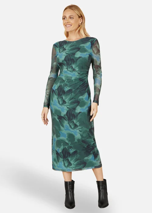 Yumi Green Floral Mesh Bodycon Dress With Tie Back - 10 Image 1