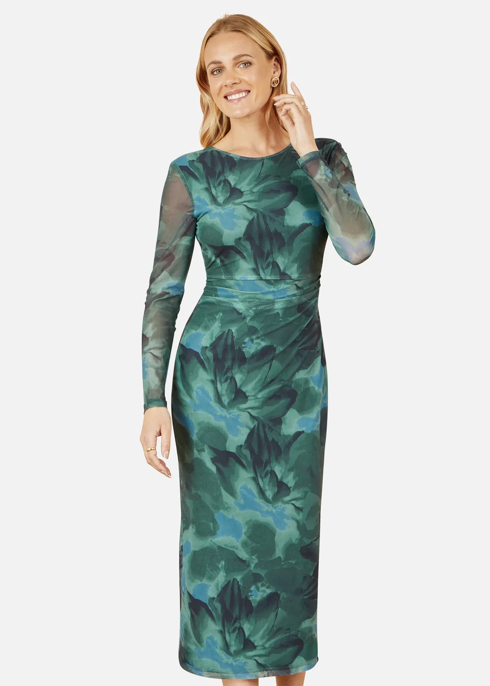 Yumi Green Floral Mesh Bodycon Dress With Tie Back - 10 Image 2