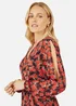 Yumi Red Rose Print Dipped Hemline Midi Dress With Open Long Sleeves - 14 Image 3