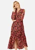 Yumi Red Rose Print Dipped Hemline Midi Dress With Open Long Sleeves - 14 Image 2