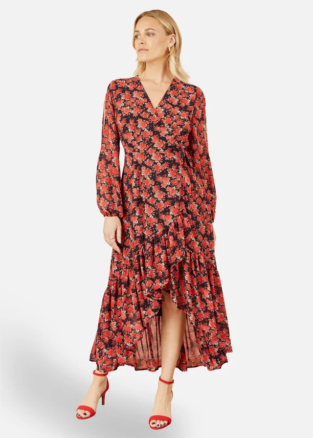 Yumi Red Rose Print Dipped Hemline Midi Dress With Open Long Sleeves