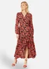 Yumi Red Rose Print Dipped Hemline Midi Dress With Open Long Sleeves - 14 Image 1