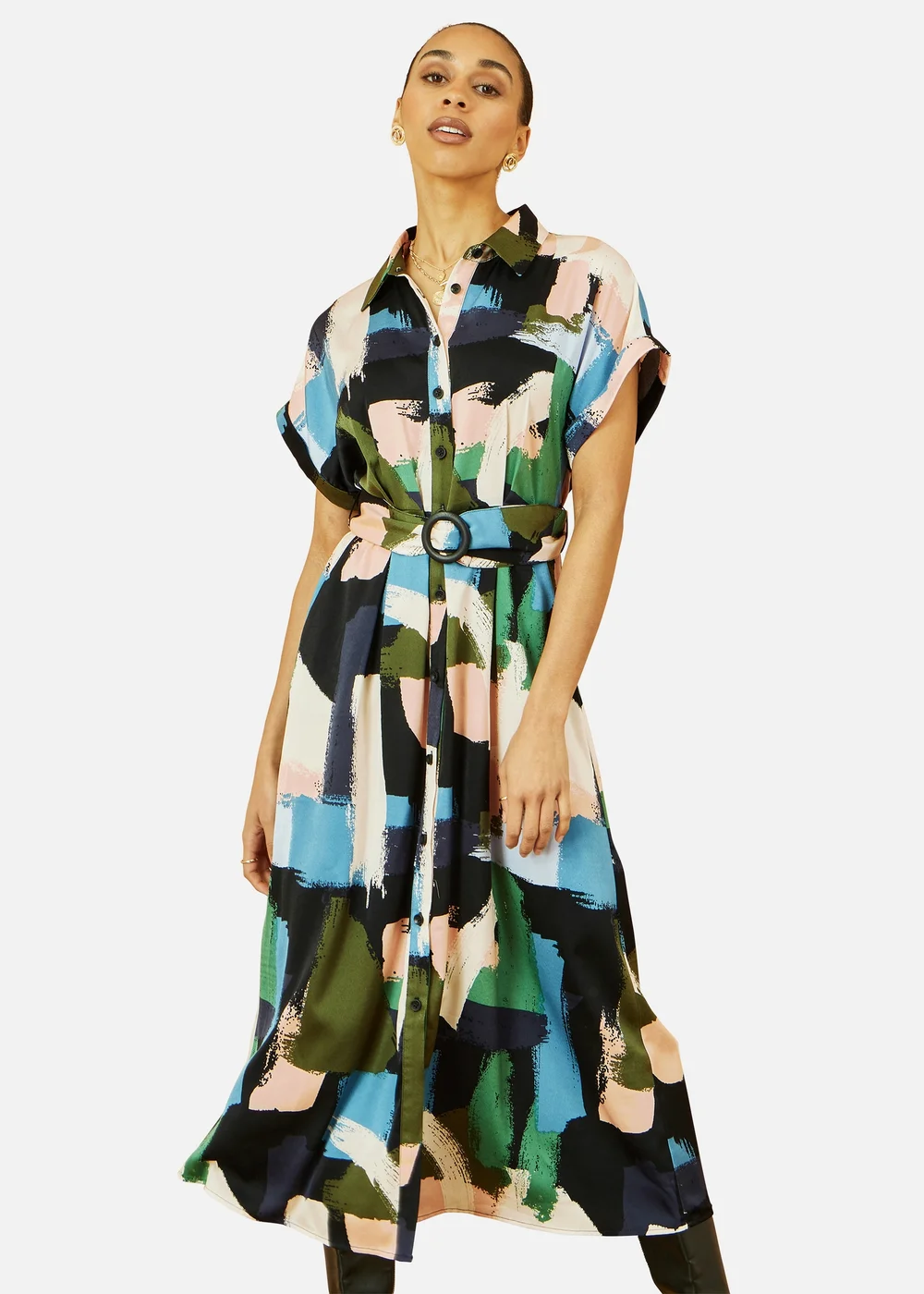Yumi Multi Brushstroke Print Relaxed Midi shirt Dress - 12 Image 3